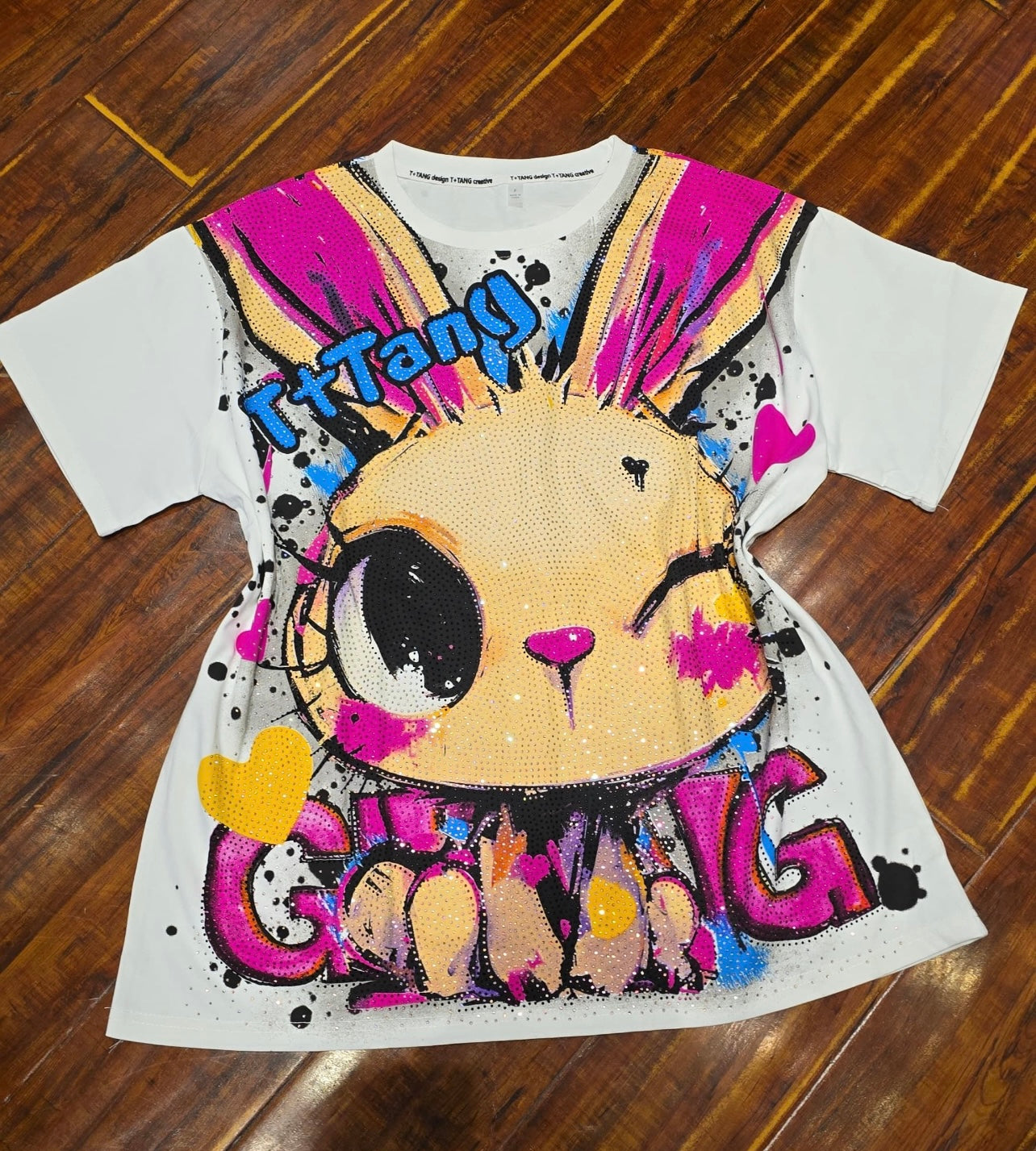 T0057-oversized t-shirt with rhinestone print on the back