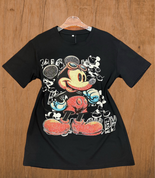 R0015-T-shirts with mouse print and rhinestones