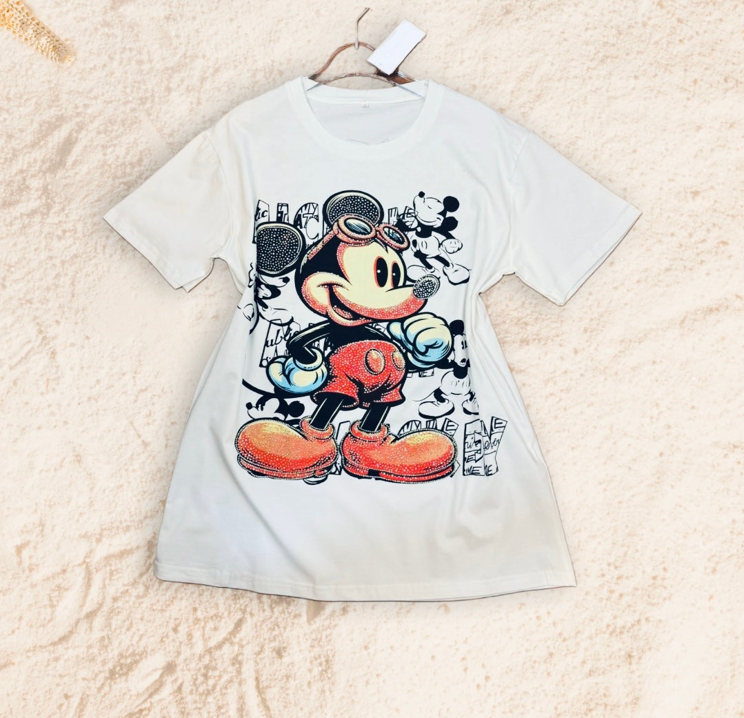 R0015-T-shirts with mouse print and rhinestones