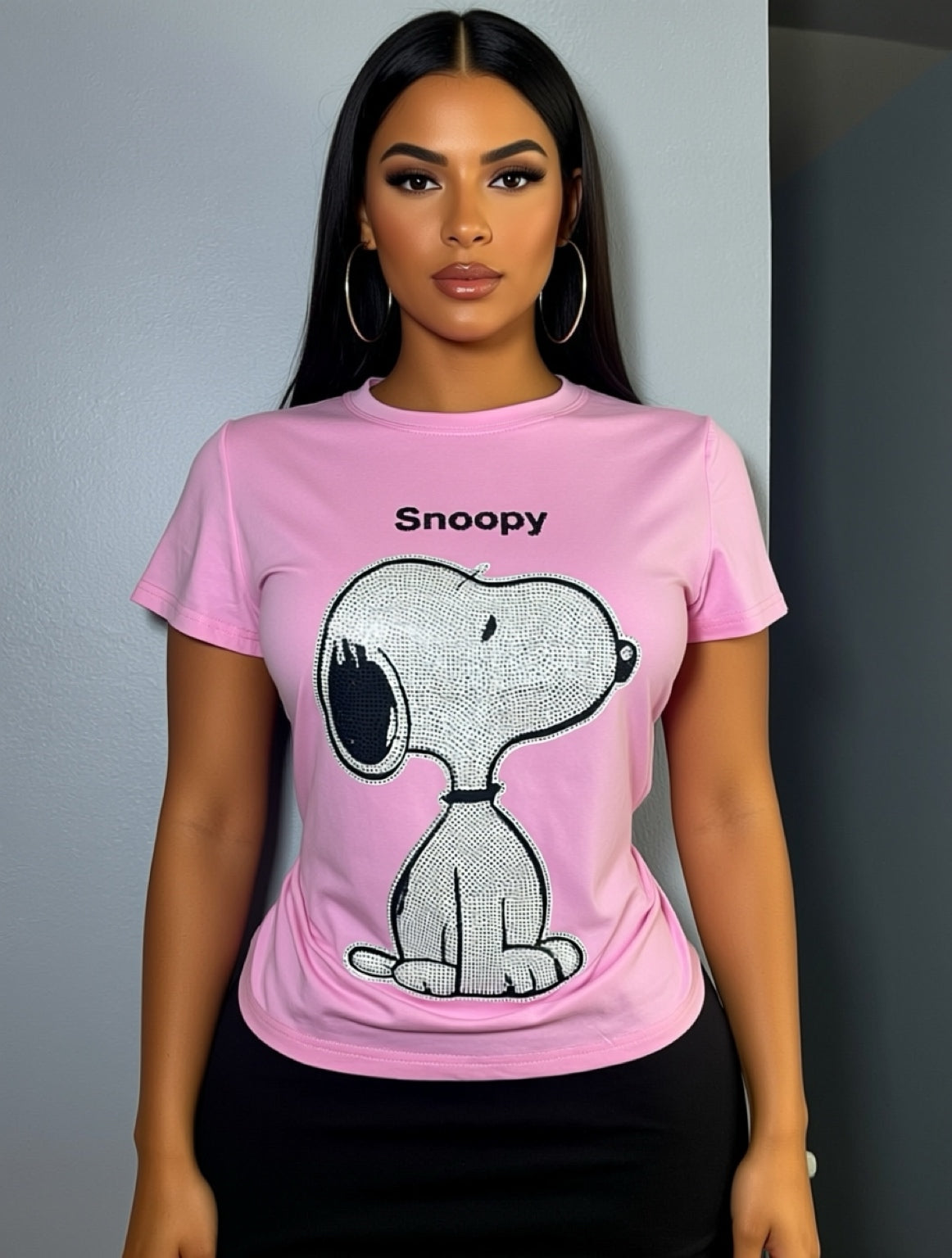 T0015-Basic T-shirt with print and rhinestones