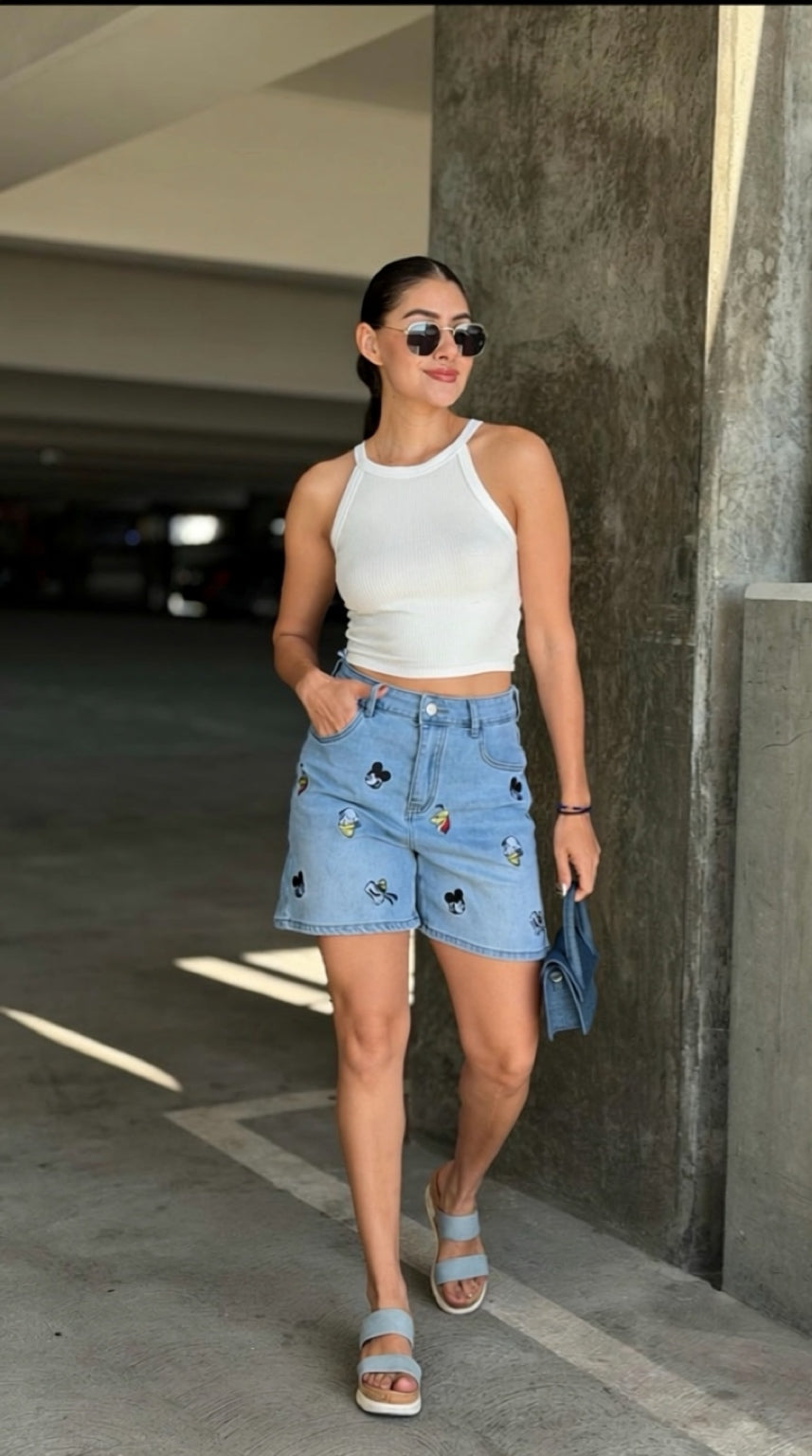 T00W-Women's High-Waisted Embroidered Shorts