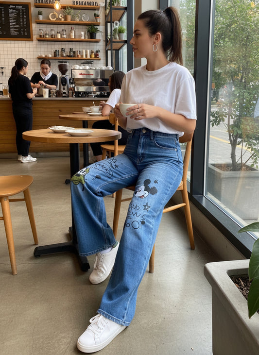 Dulce089-Beautiful high-waisted mom jeans with a print.