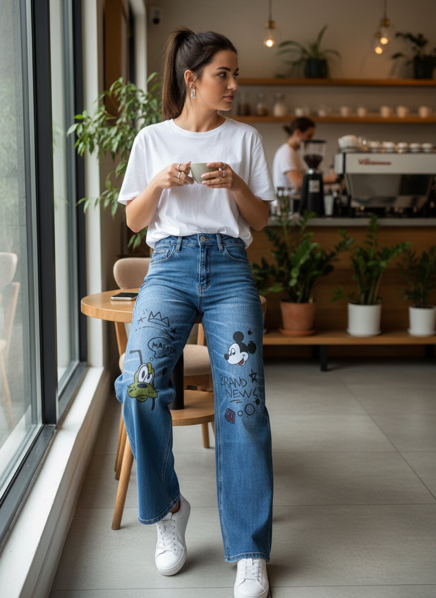 Dulce089-Beautiful high-waisted mom jeans with a print.