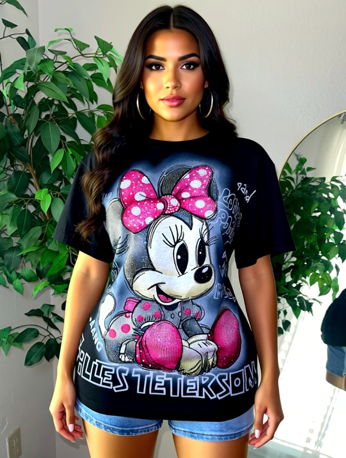 Rebeca8137-Oversize T-shirt with Rhinestones