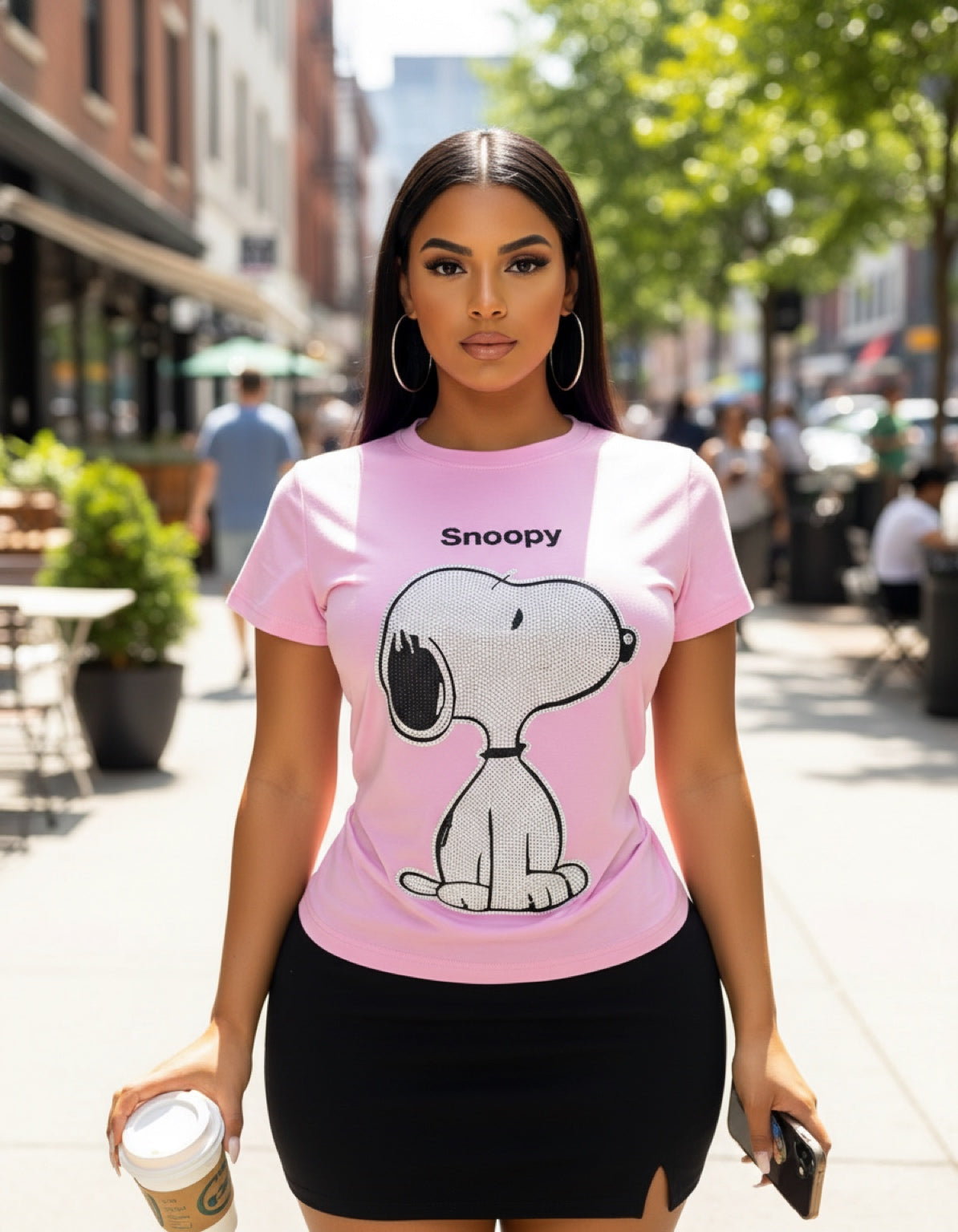 T0015-Basic T-shirt with print and rhinestones