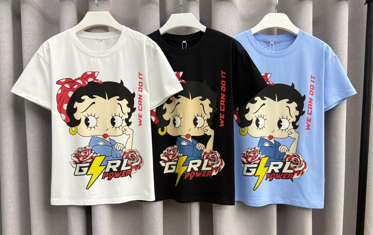 T0098W-Basic t-shirt with print and rhinestones