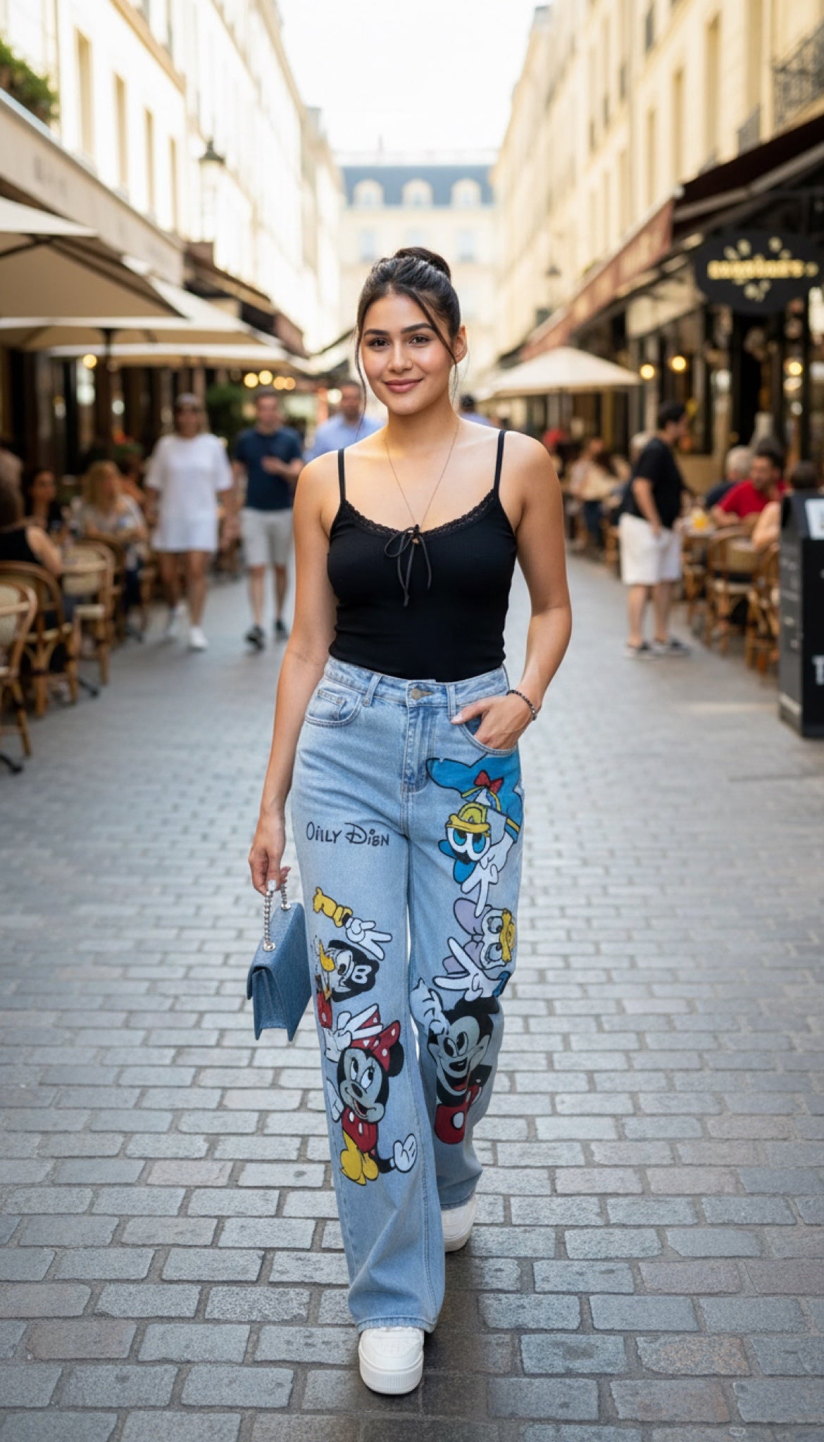 Jean004-High-waisted straight-leg printed trousers