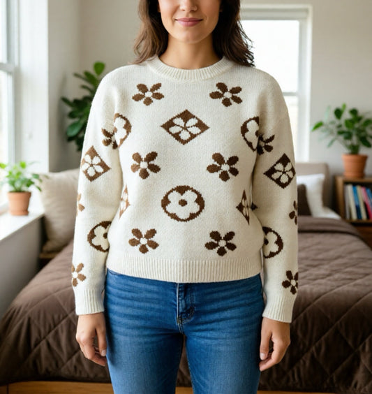 11009-Round neck knit sweater with floral print