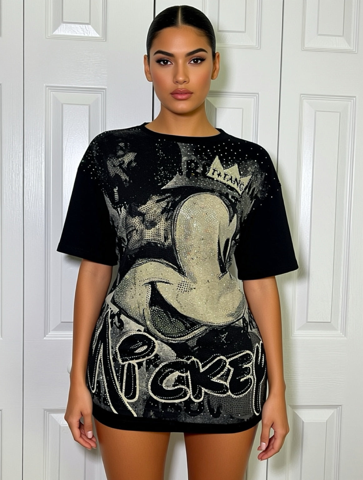 Naty1075-Oversize T-shirt with Rhinestones