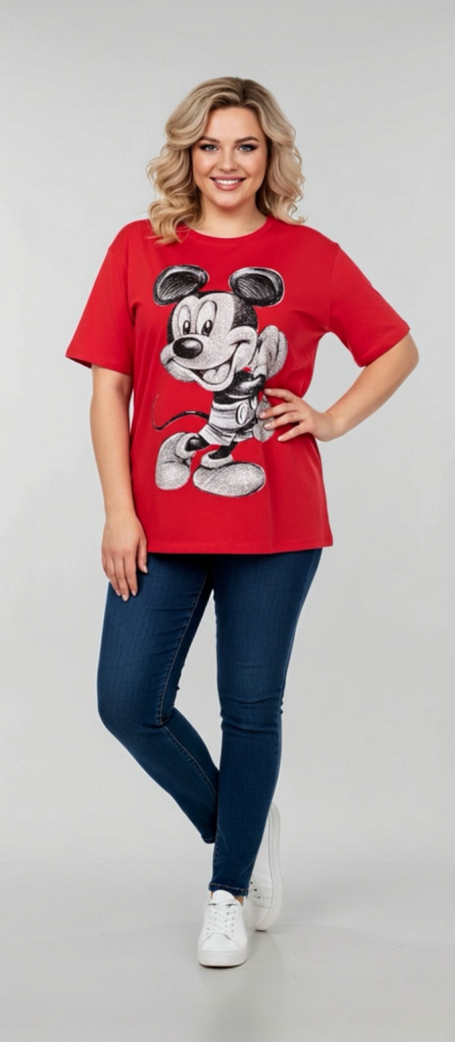 CLOE00H- OVERSIZE -BASIC ROUND NECK T-SHIRT WITH RHINESTONE PRINT