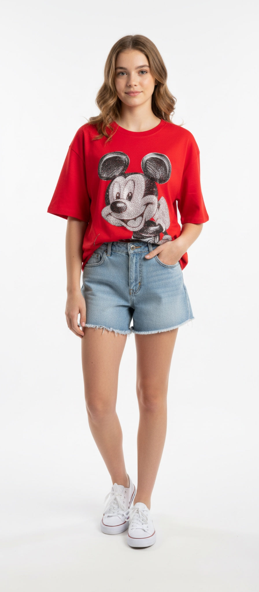 CLOE00H- OVERSIZE -BASIC ROUND NECK T-SHIRT WITH RHINESTONE PRINT