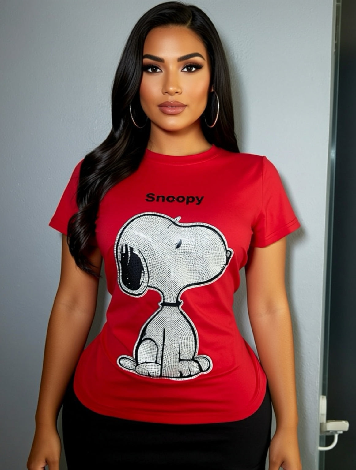 T0015-Basic T-shirt with print and rhinestones