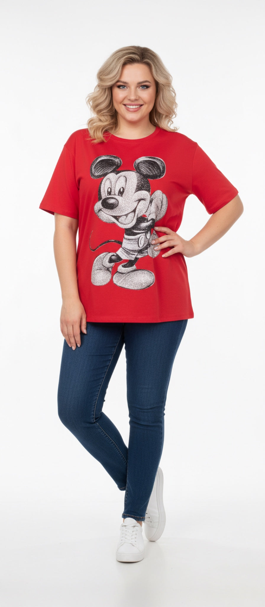 CLOE00H- OVERSIZE -BASIC ROUND NECK T-SHIRT WITH RHINESTONE PRINT