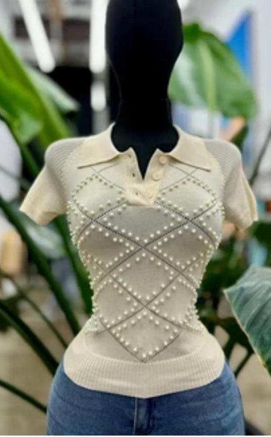 079-TOP WITH PEARLS BEISH✨