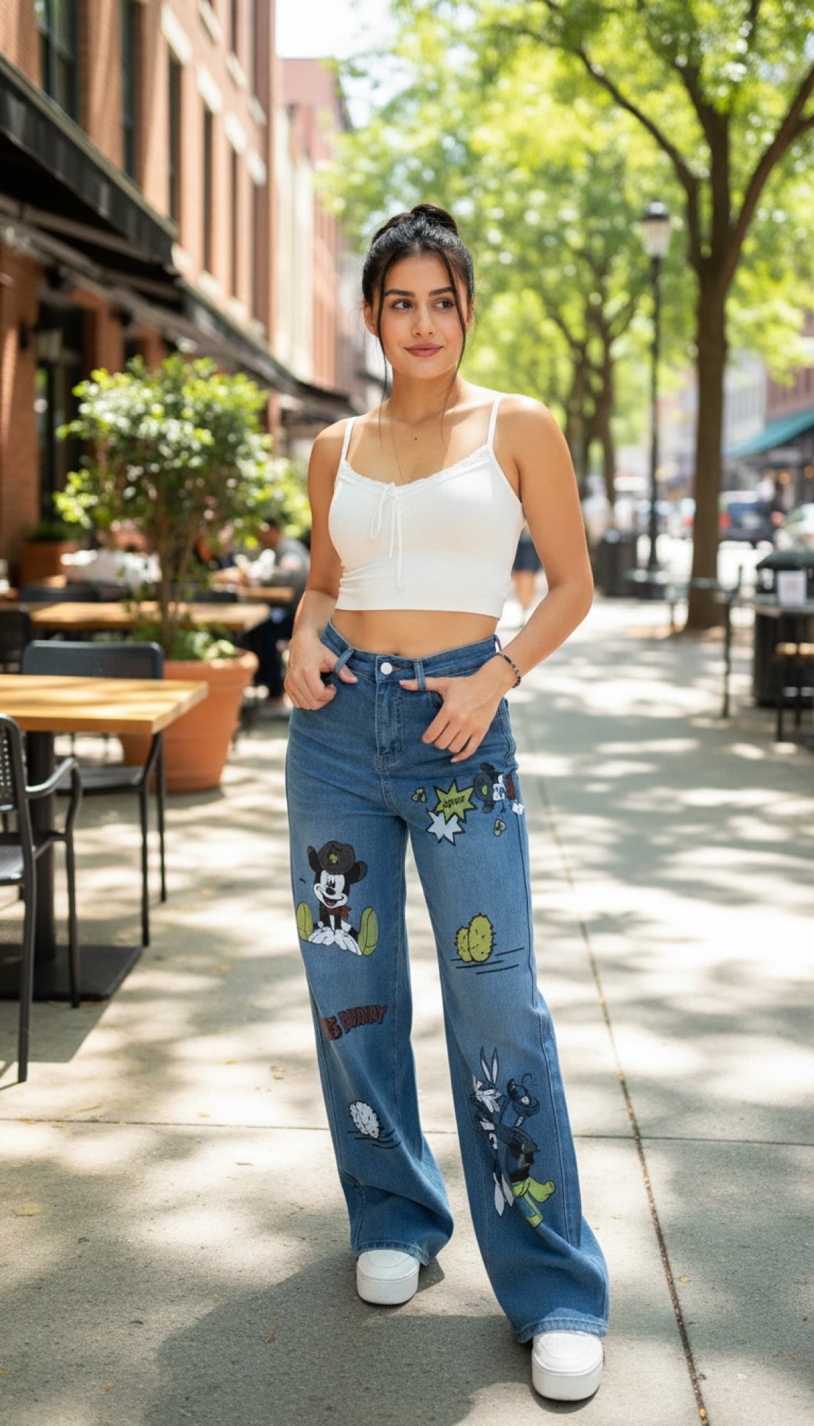 Jeans005-High-waisted straight-leg printed trousers