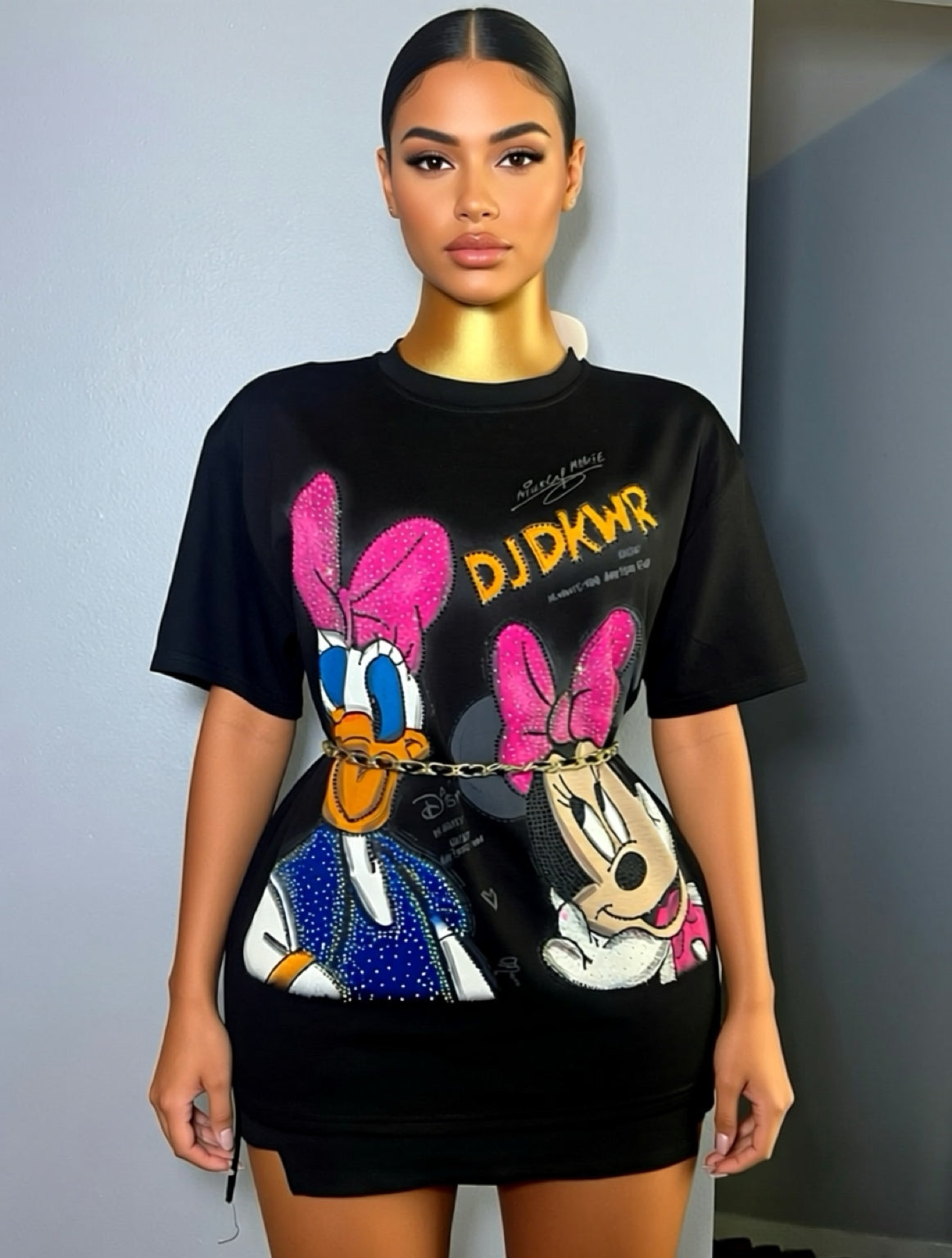 Lili003W-Basic T-shirt with print and rhinestones