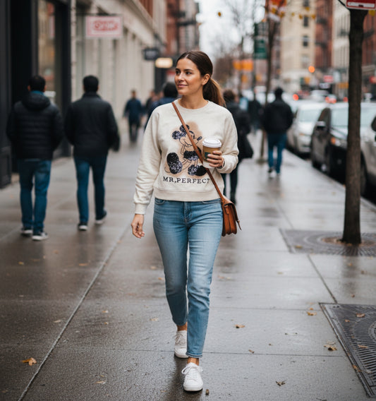 Eva003-One-size round neck sweater with sequin embellishment.